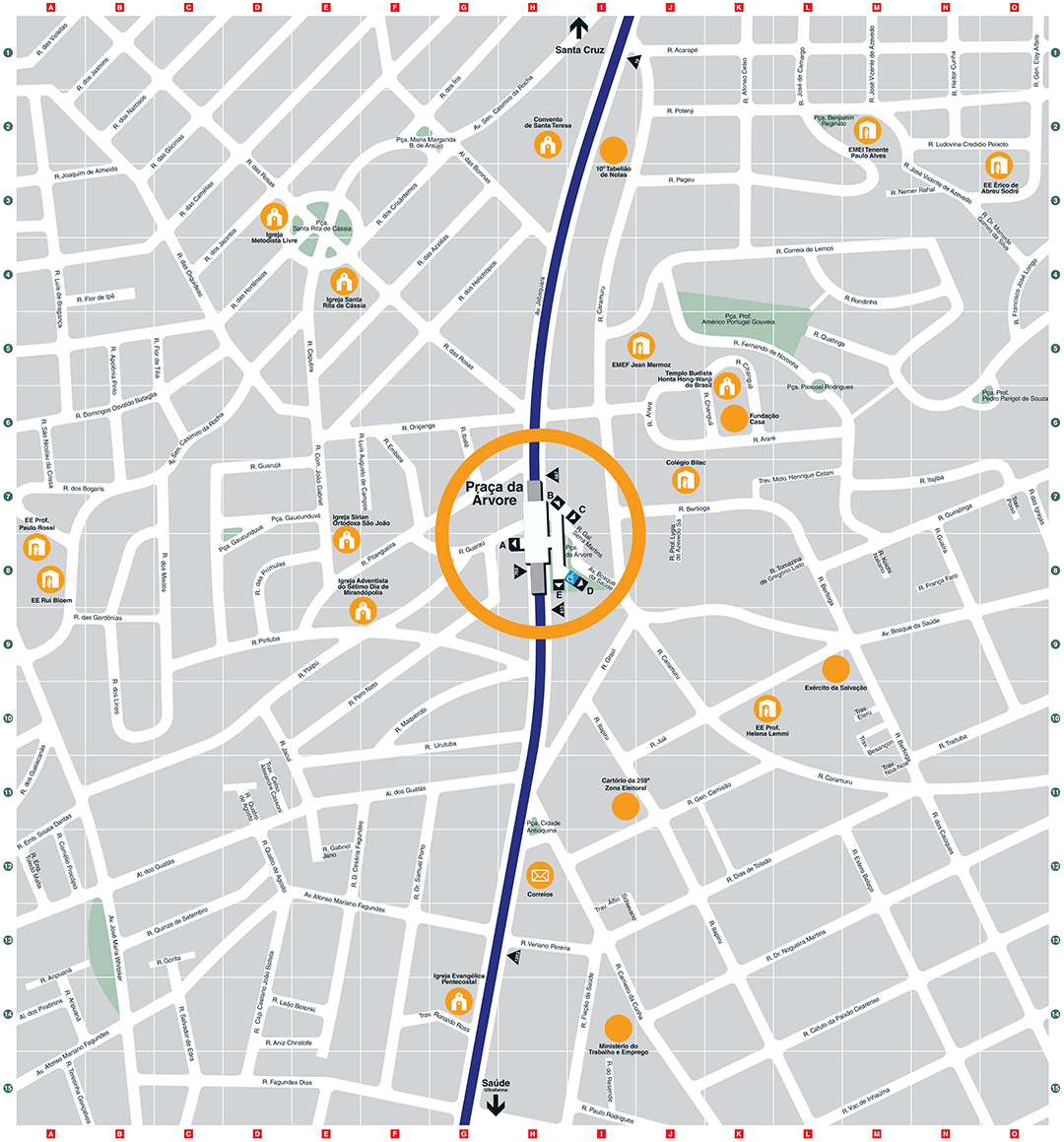 Mapa dos arredores da Estação Praça da Árvore